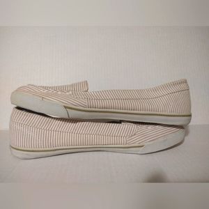 Salt Life Slip On Canvas Boat Shoes Tan & White Stripe - SIZE 7.5 M